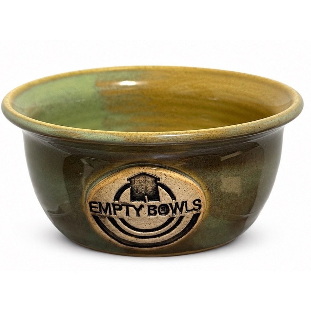 Empty Bowls Studio Pottery Hand Thrown Stoneware Glazed Green Tan Bowl Medallion